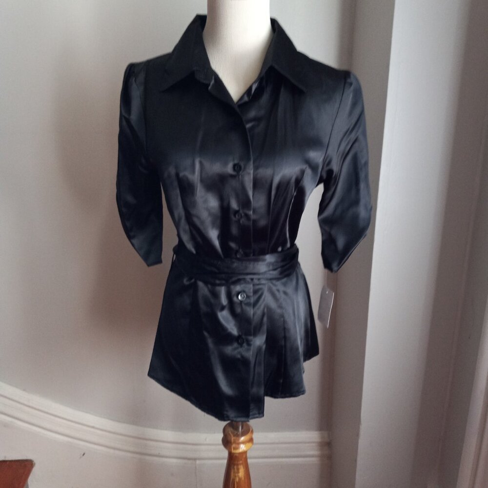 ALI & KRIS BLACK SATIN RUCHED WRAP BLOUSE TOP NWT M